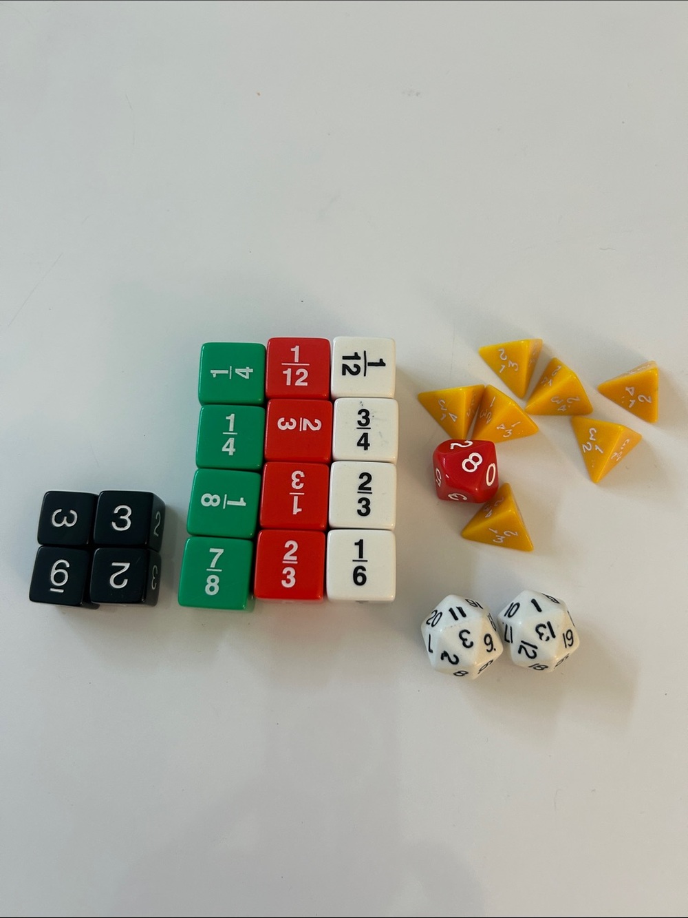 Fraction and Polyhedral Dice Set - Red, Green, White, Yellow, Black